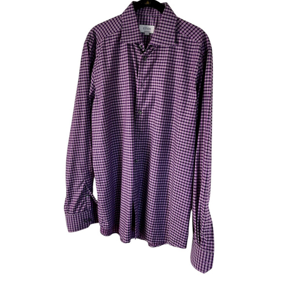 Eton Contemporary Fit Purple Checkered Long Sleeve Button Up Shirt Size L - Picture 1 of 12